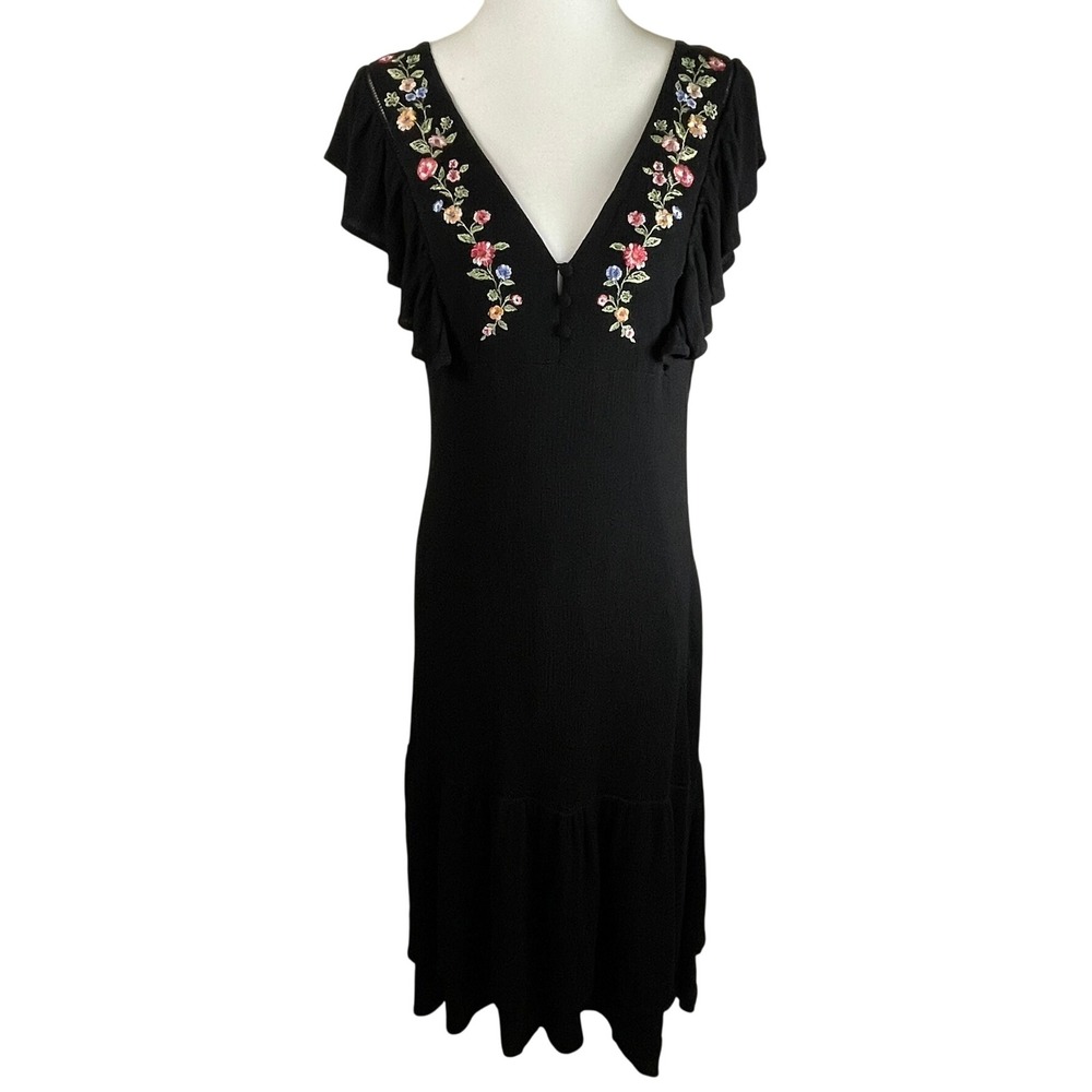 Forever 21‎ Medium Black Embroidered Flutter Sleeve Midi Dress Boho Cottagecore